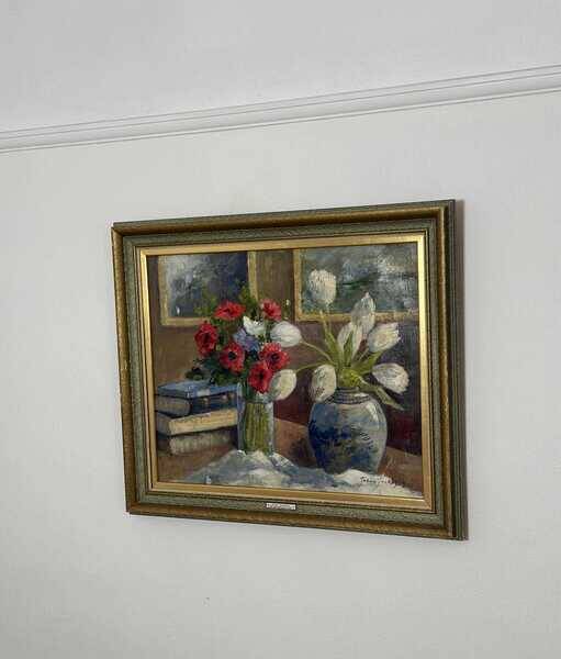 Original early century Swedish oil on canvas – "Tulips and Poppies" by Johan Jacobsson – vintage & framed 68 × 80 cm (26.8" × 31.5")