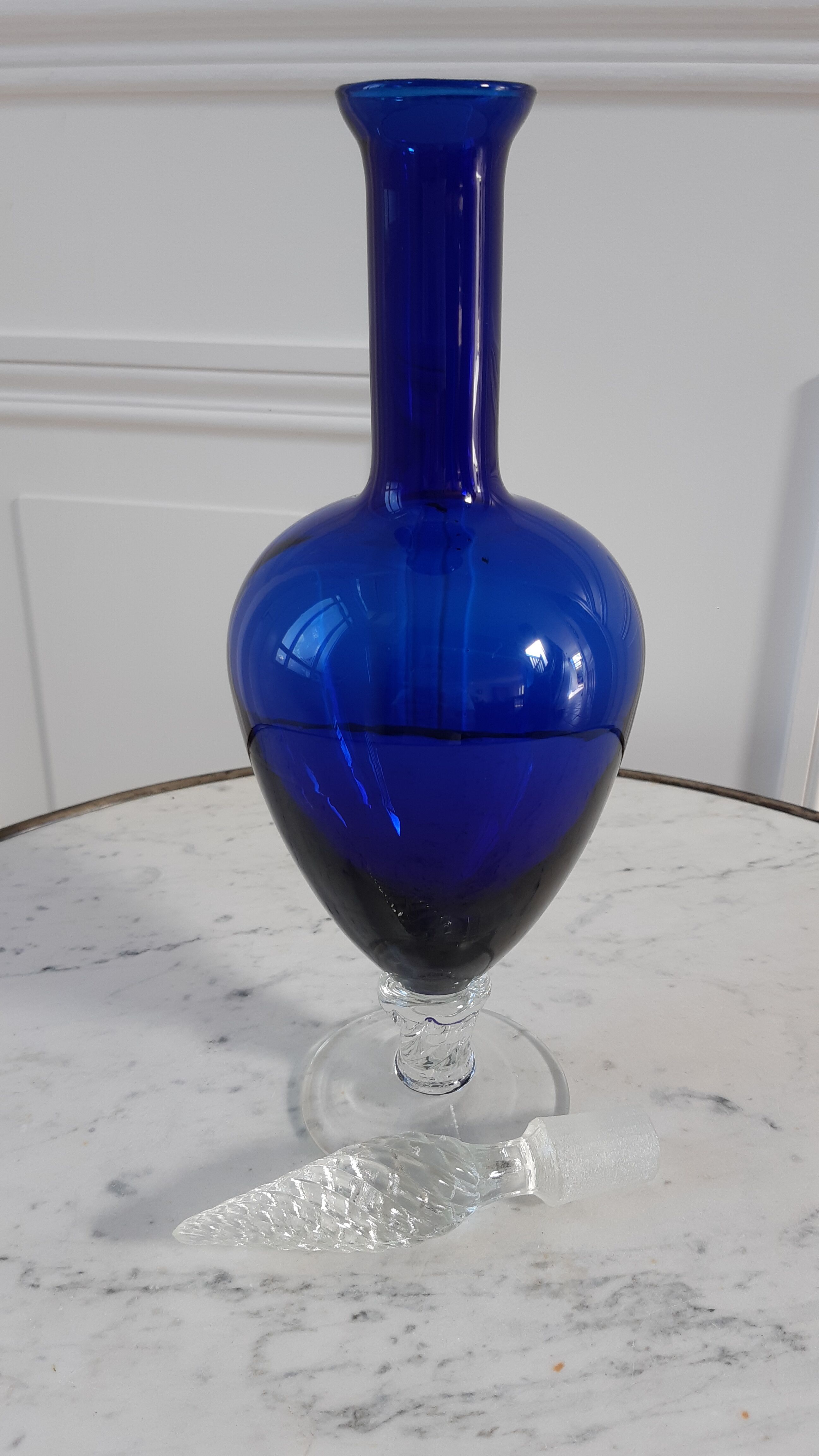 Duo of royal blue and green polished glass decanters 60s-70s