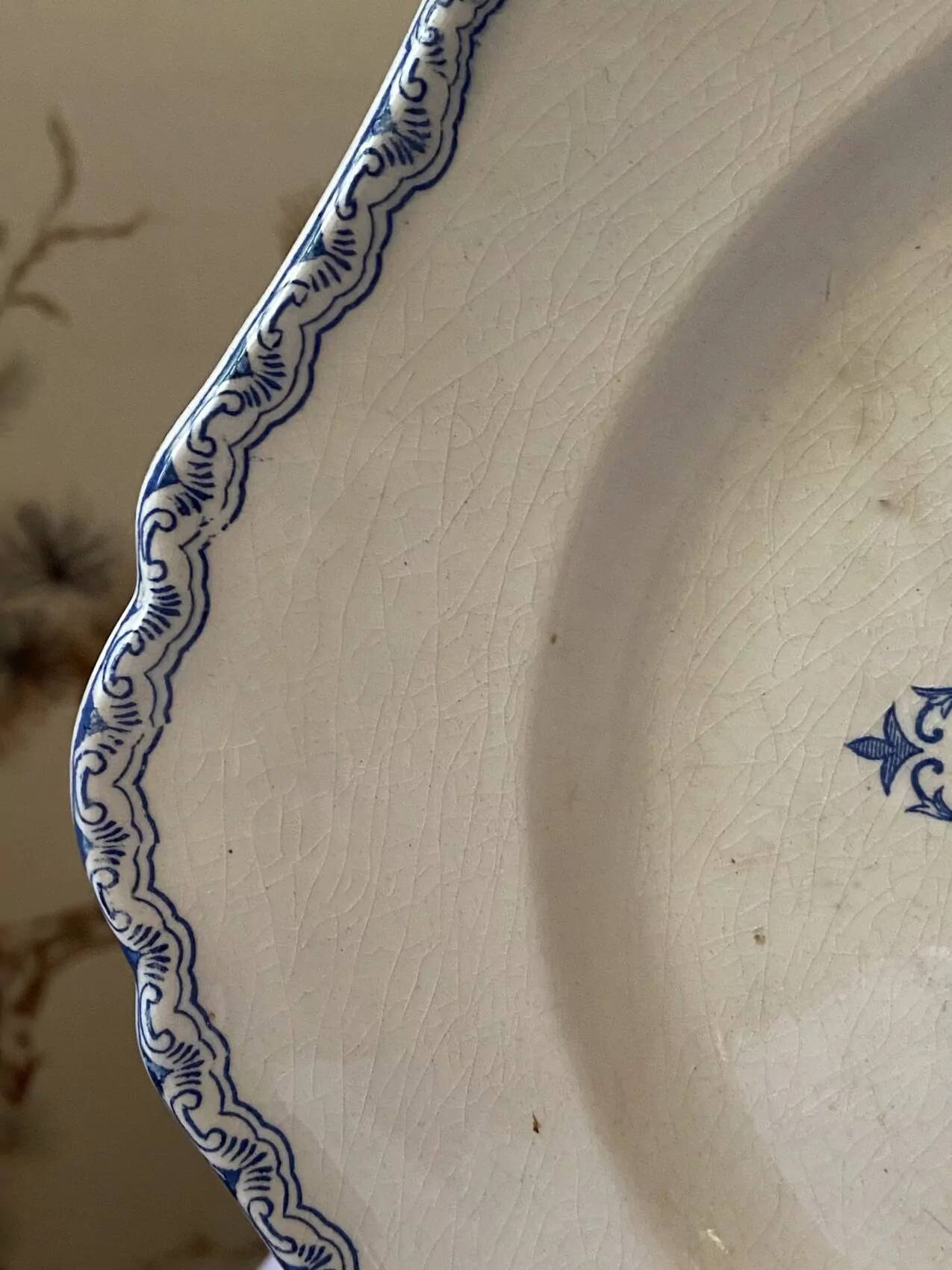 Set of 10 antique 6-sided flat plates – late 19th century earthenware, oriental light blue decor