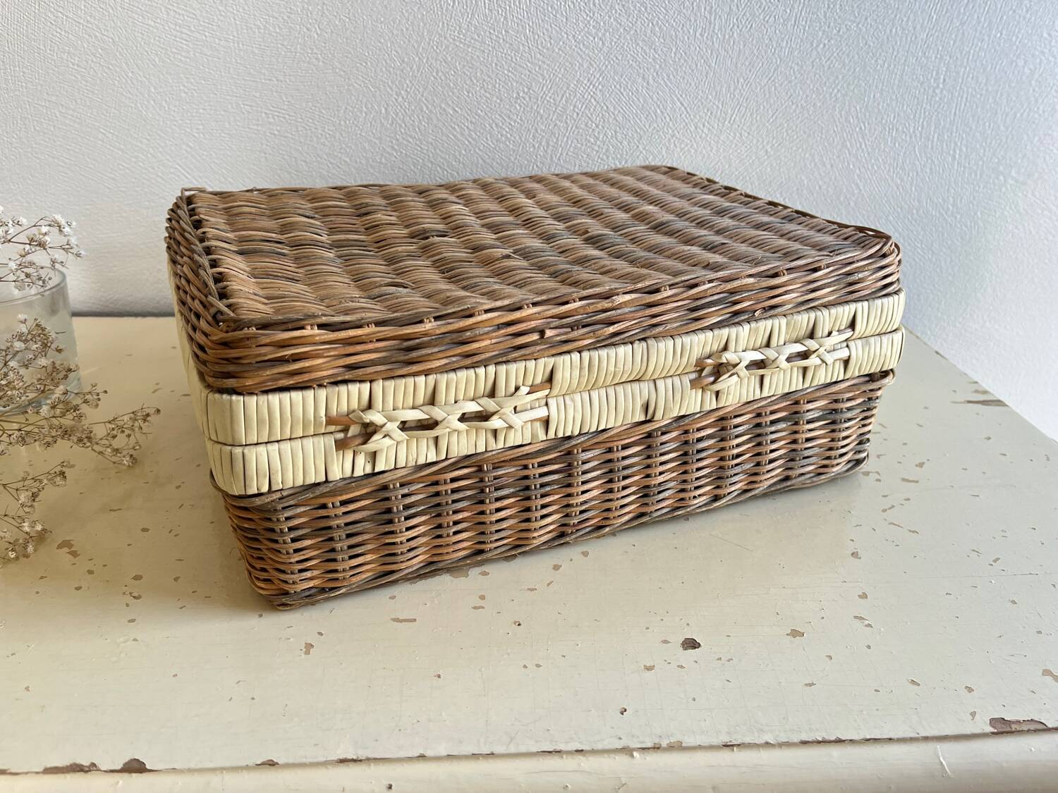 Vintage woven wicker suitcase