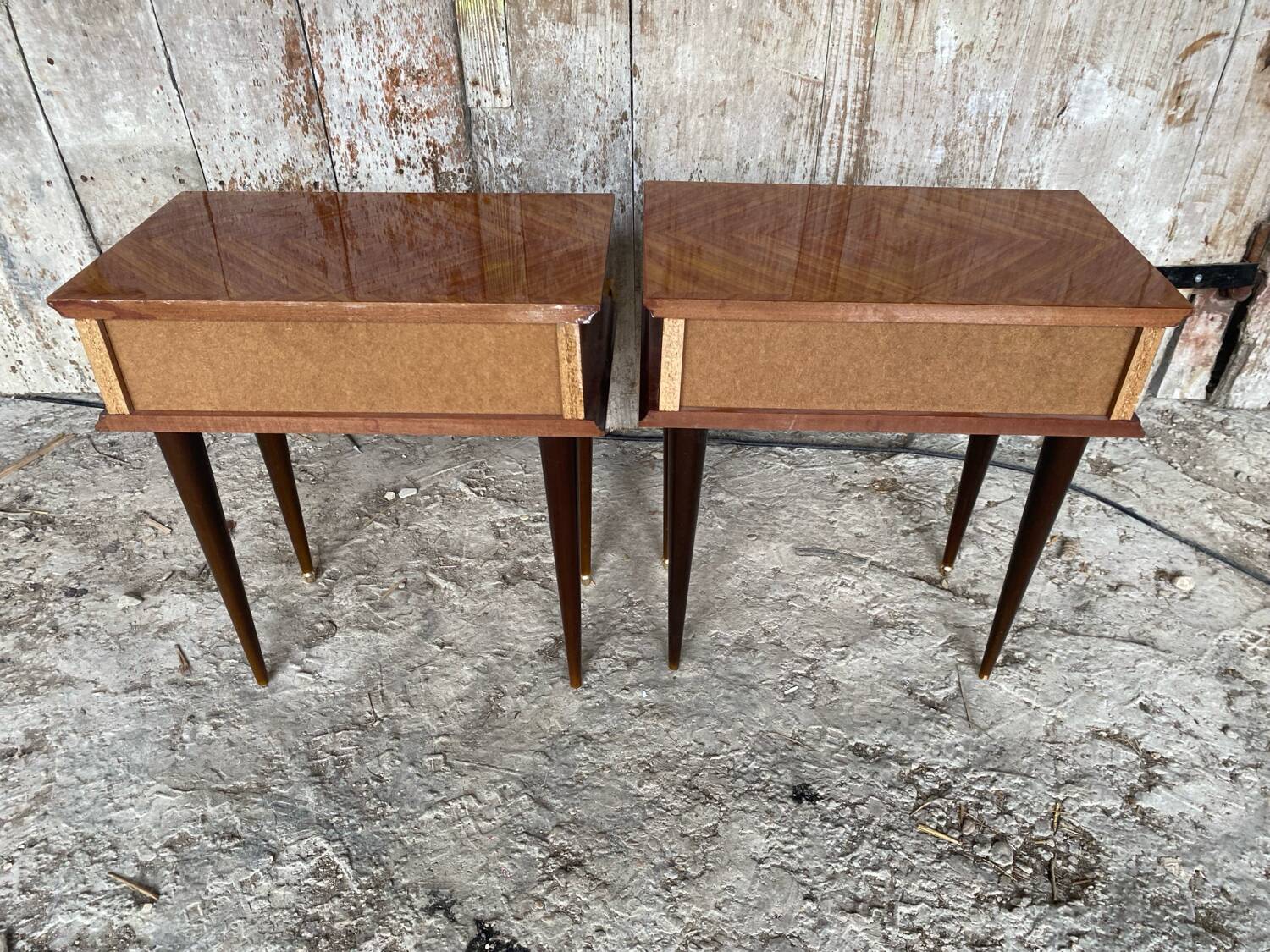 Nightstand Pair Wooden Drawer Compass Legs Vintage #D505