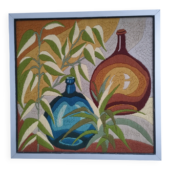 Tapisserie décor dame-jeanne feuillages années 70
