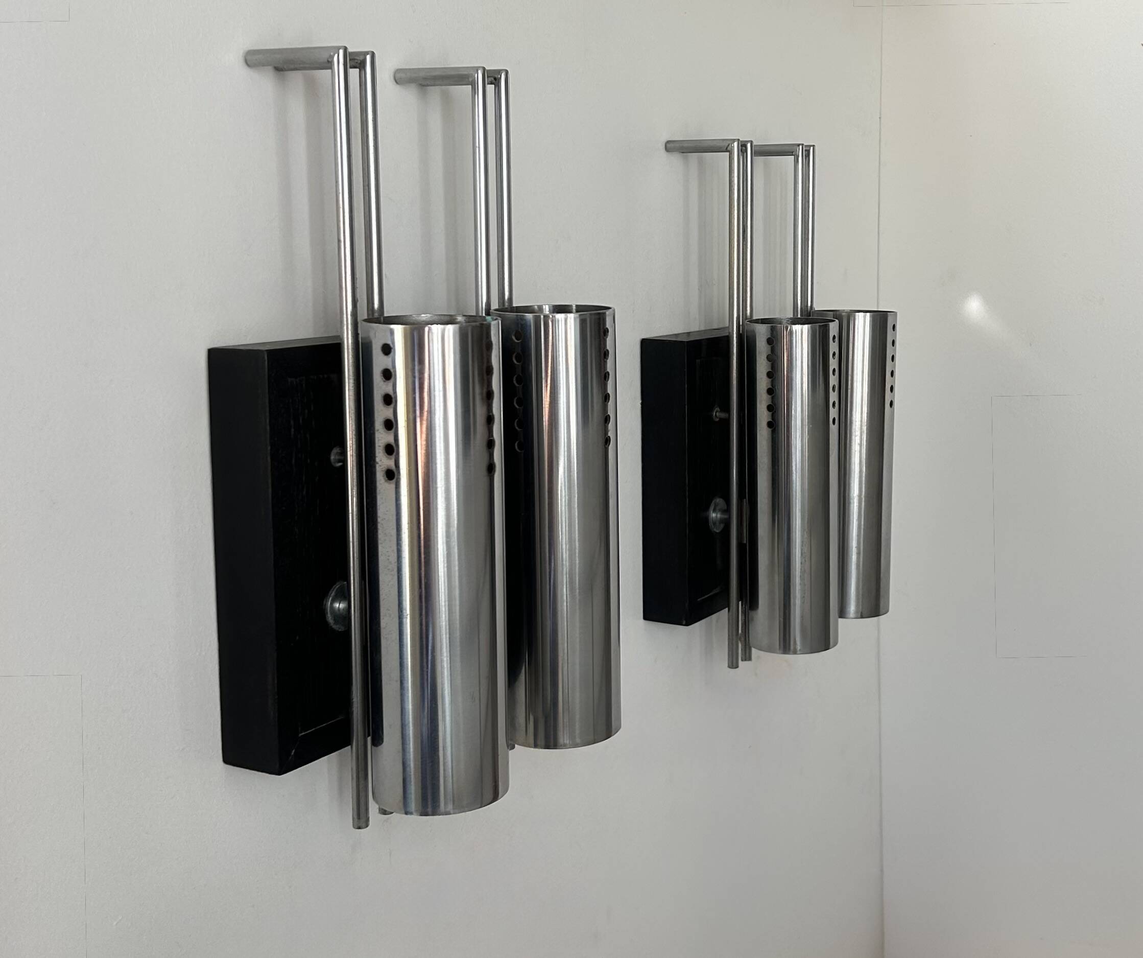 Pair of vintage wall lights, chrome-plated metal and blackened oak, France, 1970