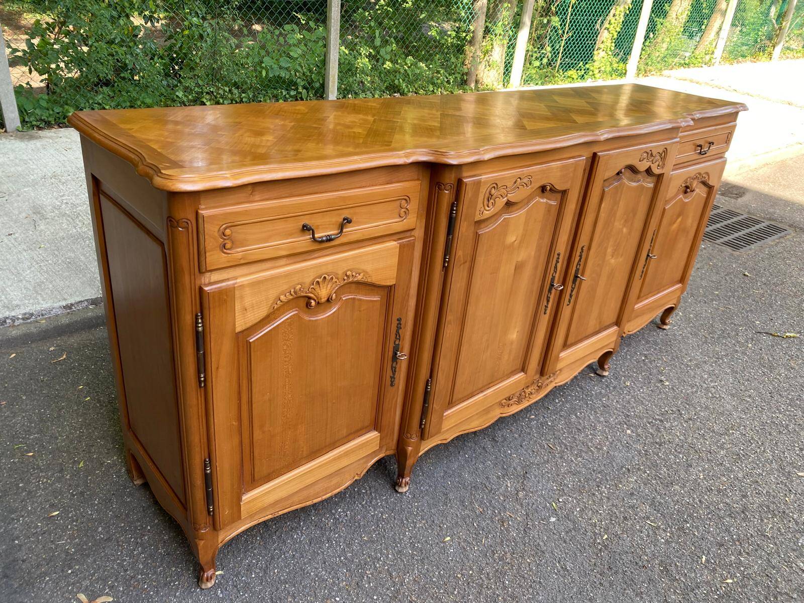 Light solid wood enfilade with Louis XV marquetry, 1950, 230cm.