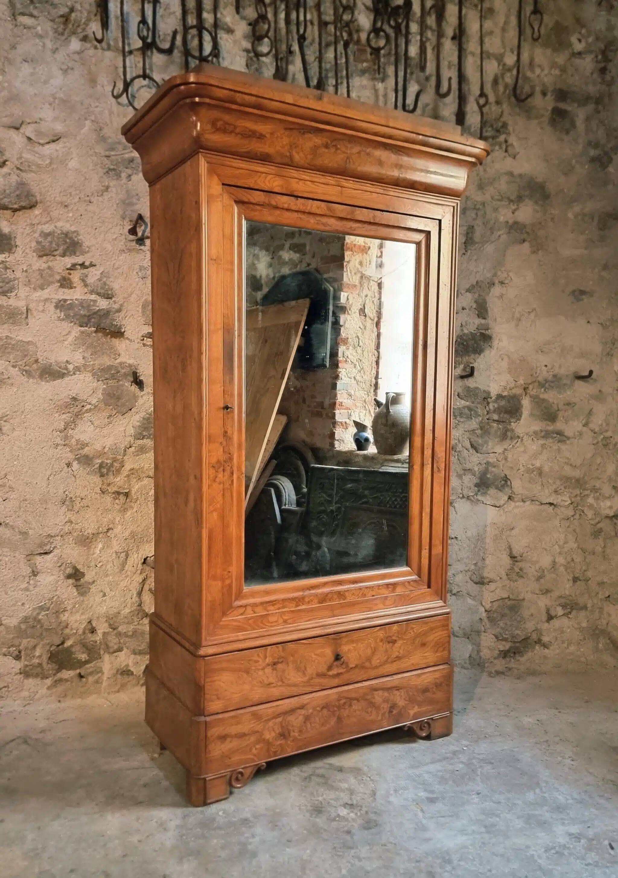 Antique French Louis Philippe wardrobe / wardrobe – elm and oak, mirrored door, 19th century