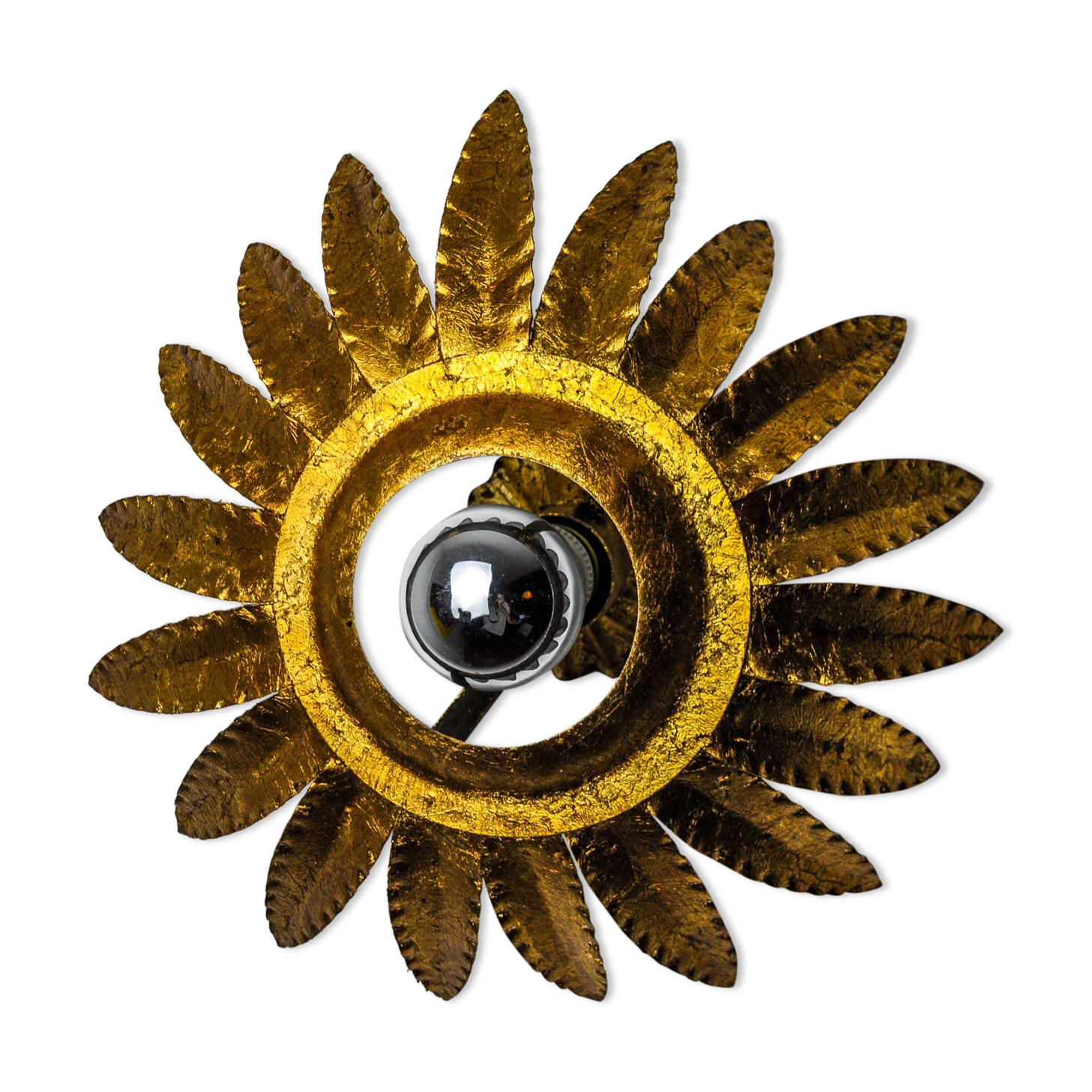 Sun wall lamp by ferro arte, metal and gold leaf, Spain, 1960