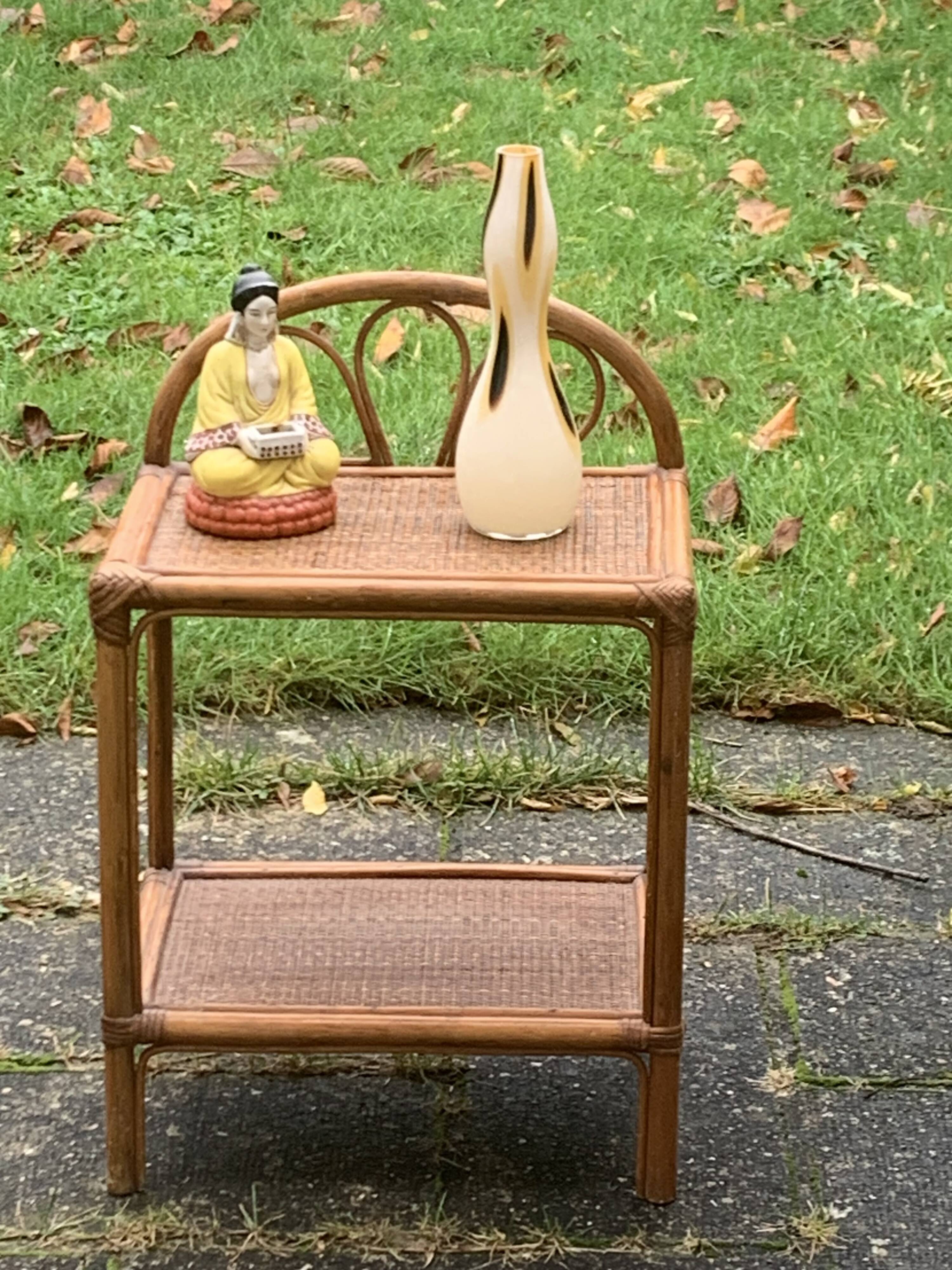 Bedside table, vintage bamboo and rattan shelf