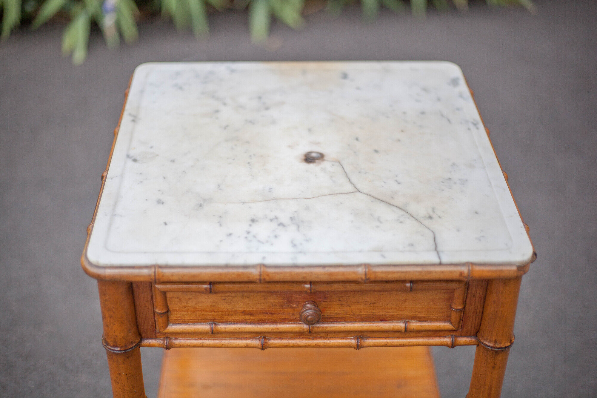 Bedside table wood imitation bamboo and marble colonial style, pedestal table, furniture 1 old drawer