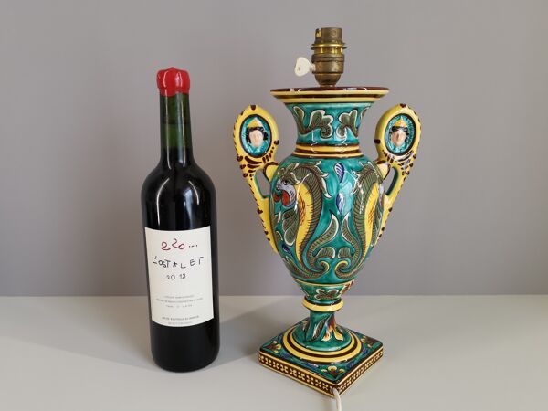 Pied de lampe Gabriel Fourmaintraux Poterie de Desvres coupe aux dragons et à la goélette