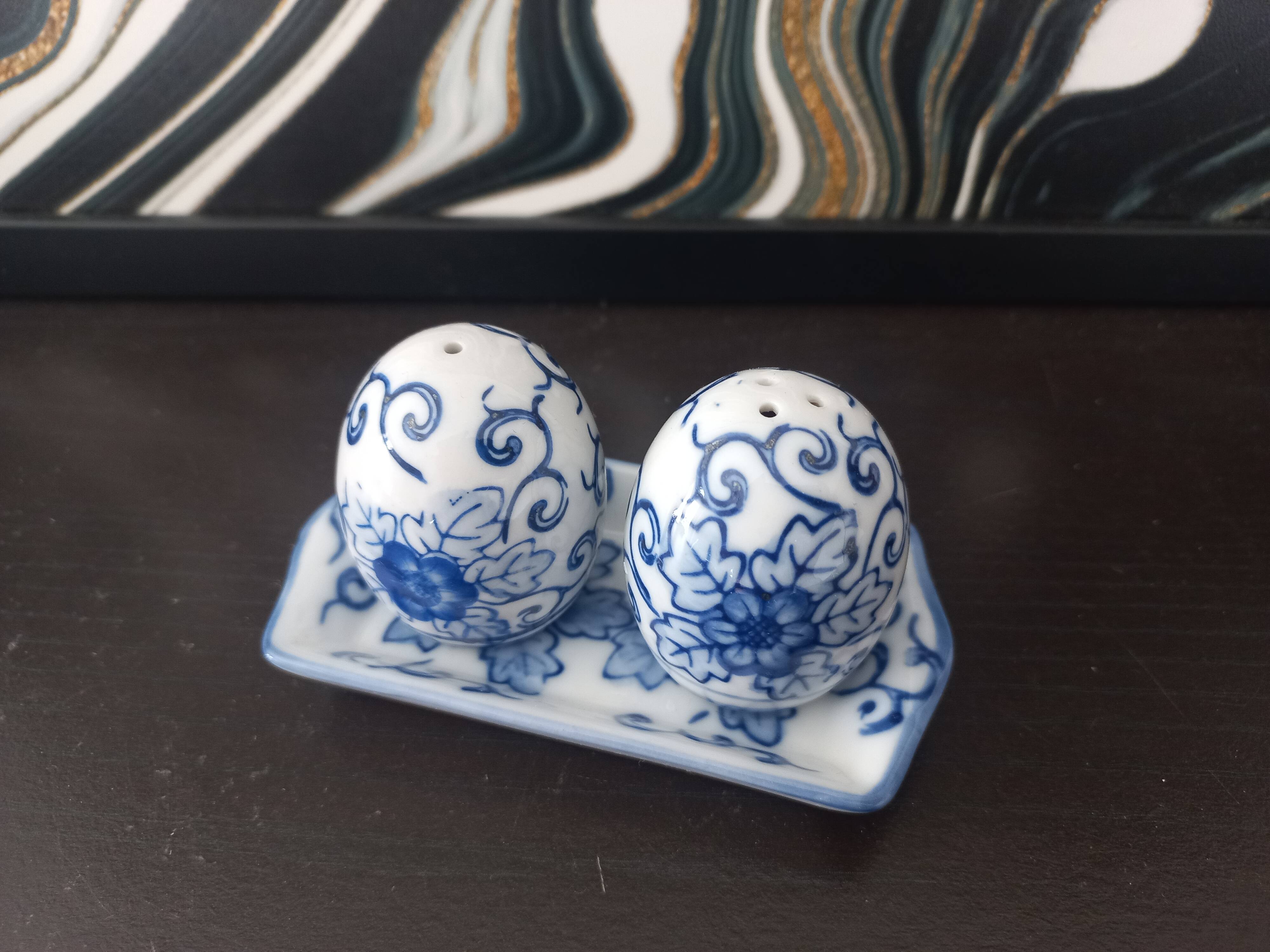 Vintage blue porcelain salt and pepper shakers