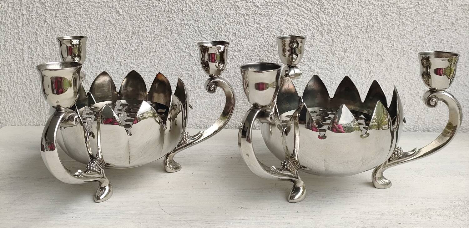Pair of silver-plated lotus candle holders