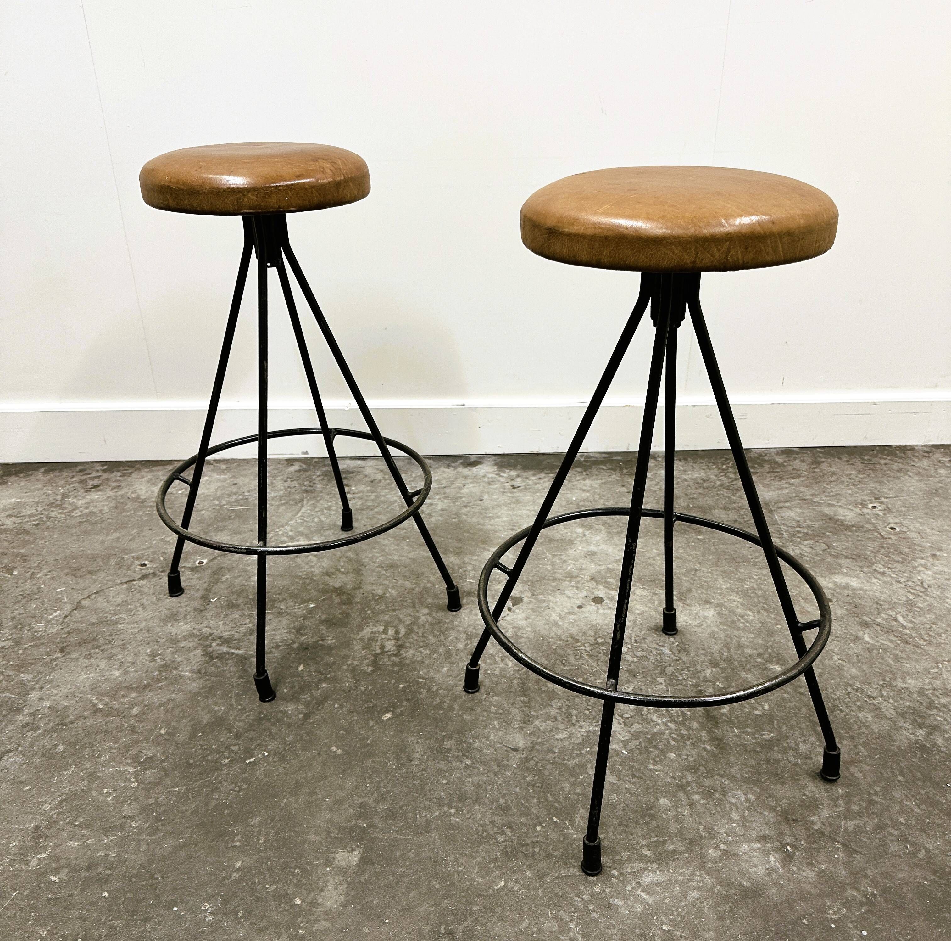 Pair of Industrial Vintage Metal Frame Bar Stools, France 1970s.