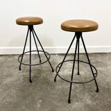 Pair of Industrial Vintage Metal Frame Bar Stools, France 1970s.