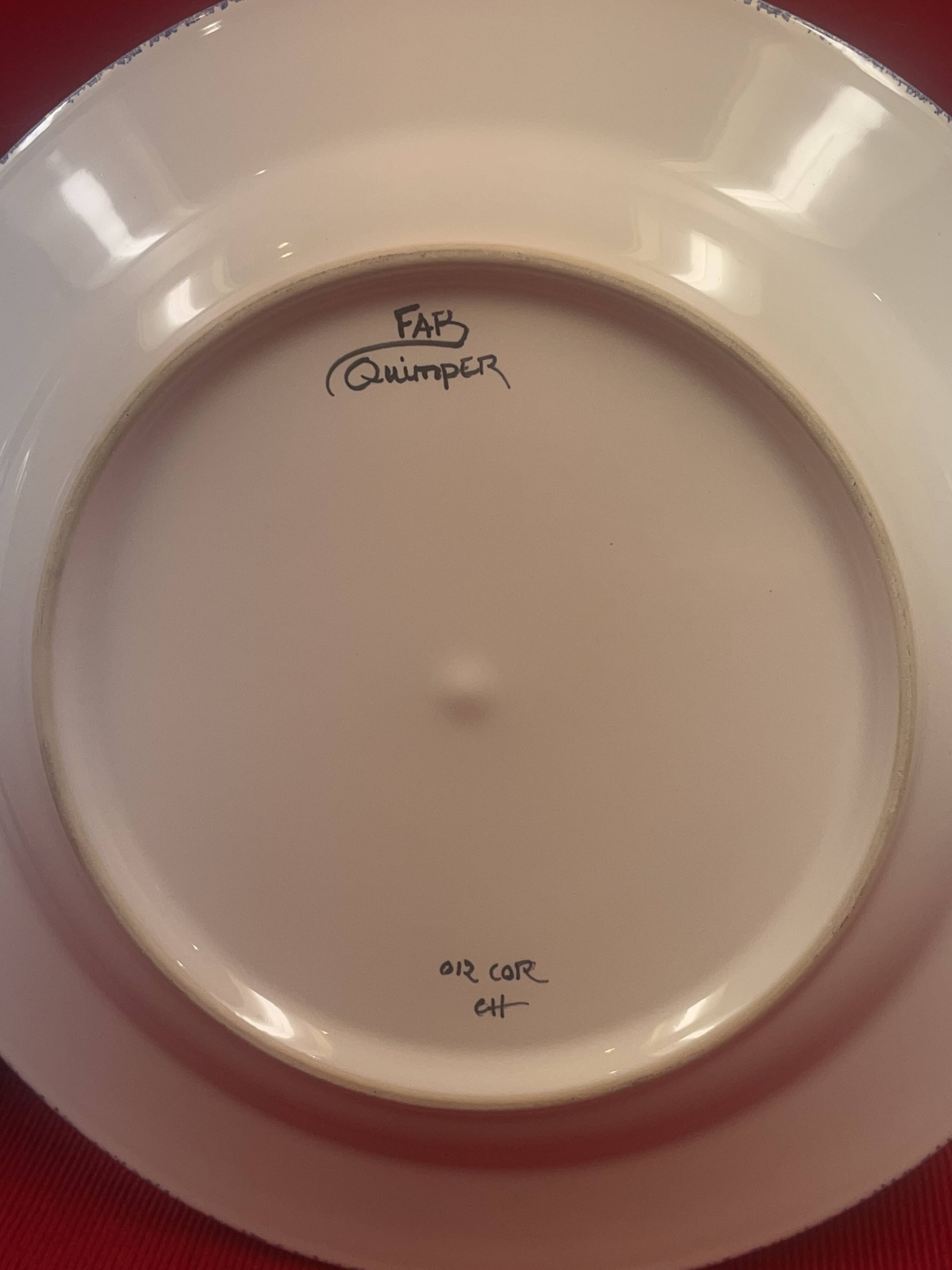 Pair of decorative earthenware plates FAB Quimper Bretagne signed Breton couple