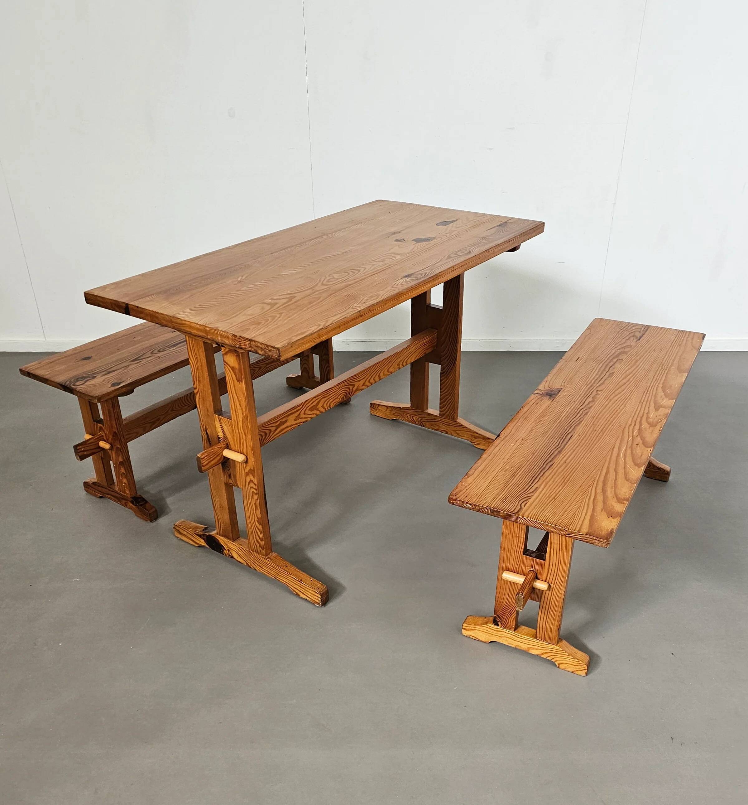 Scandinavian modern solid pinewood benches and dining table, 1970s