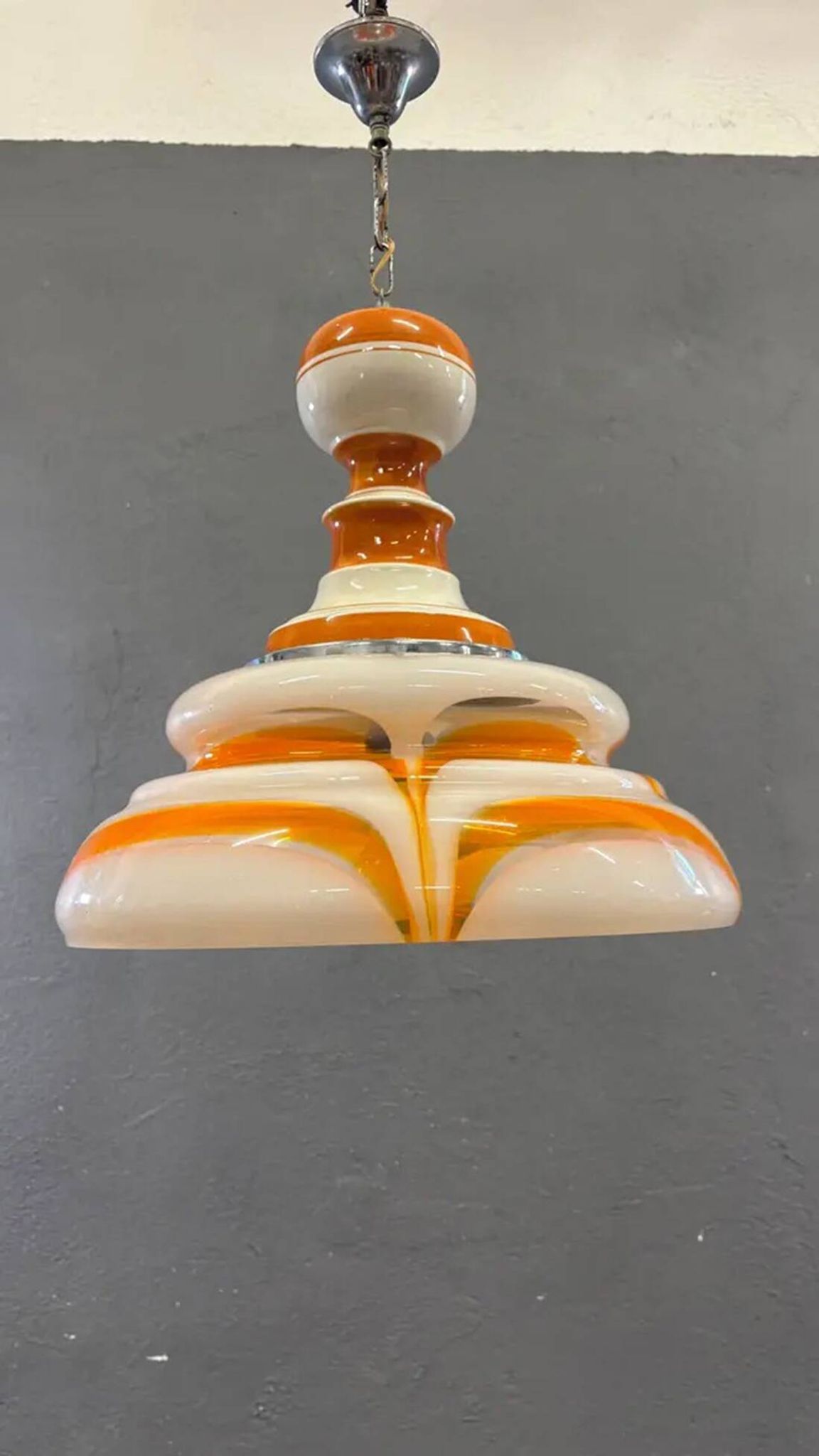 Italian art glass pendant lamp orange & white hand-blown chandelier, 1970s