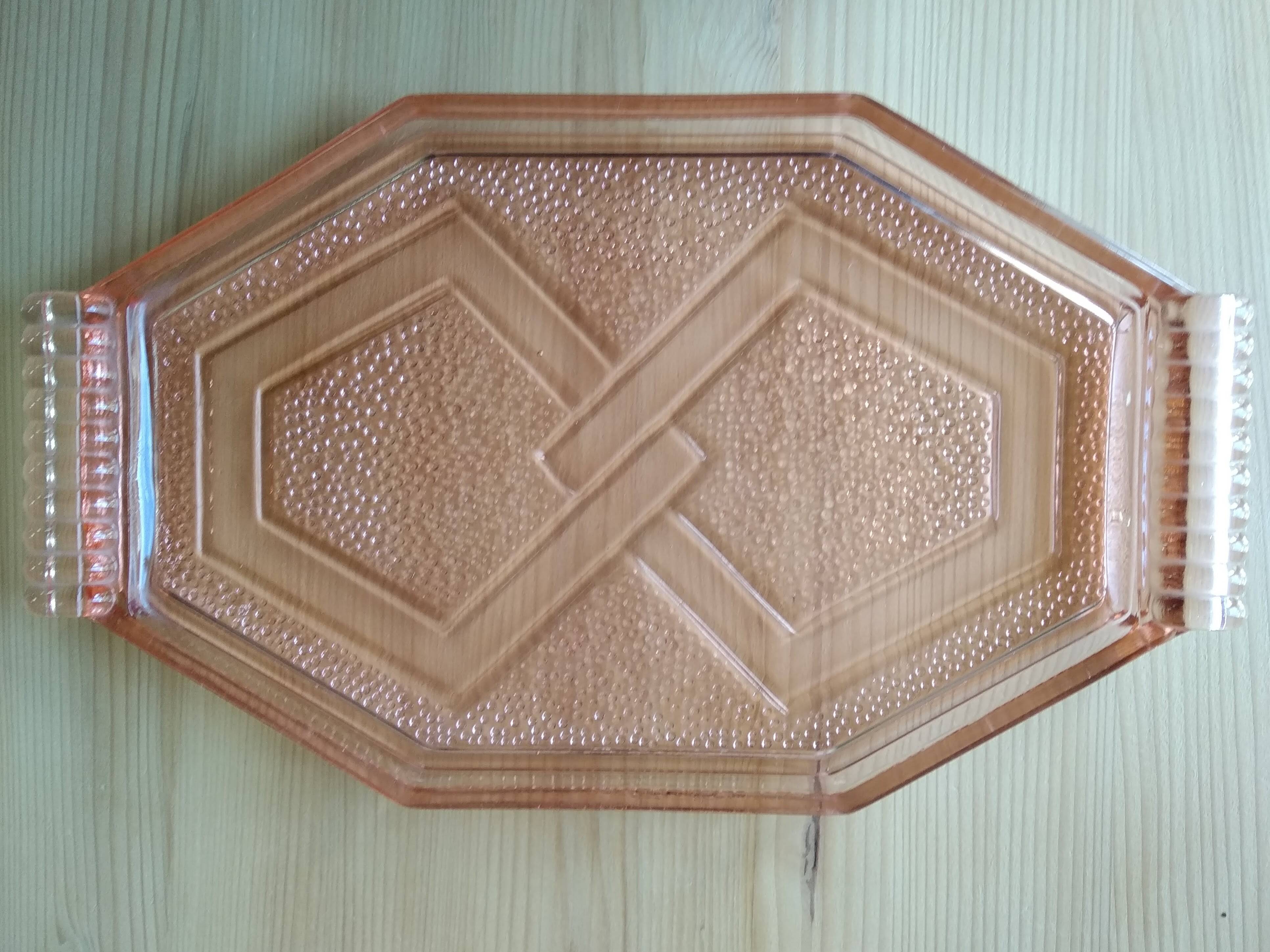 Art Deco pink pressed glass octagonal tray