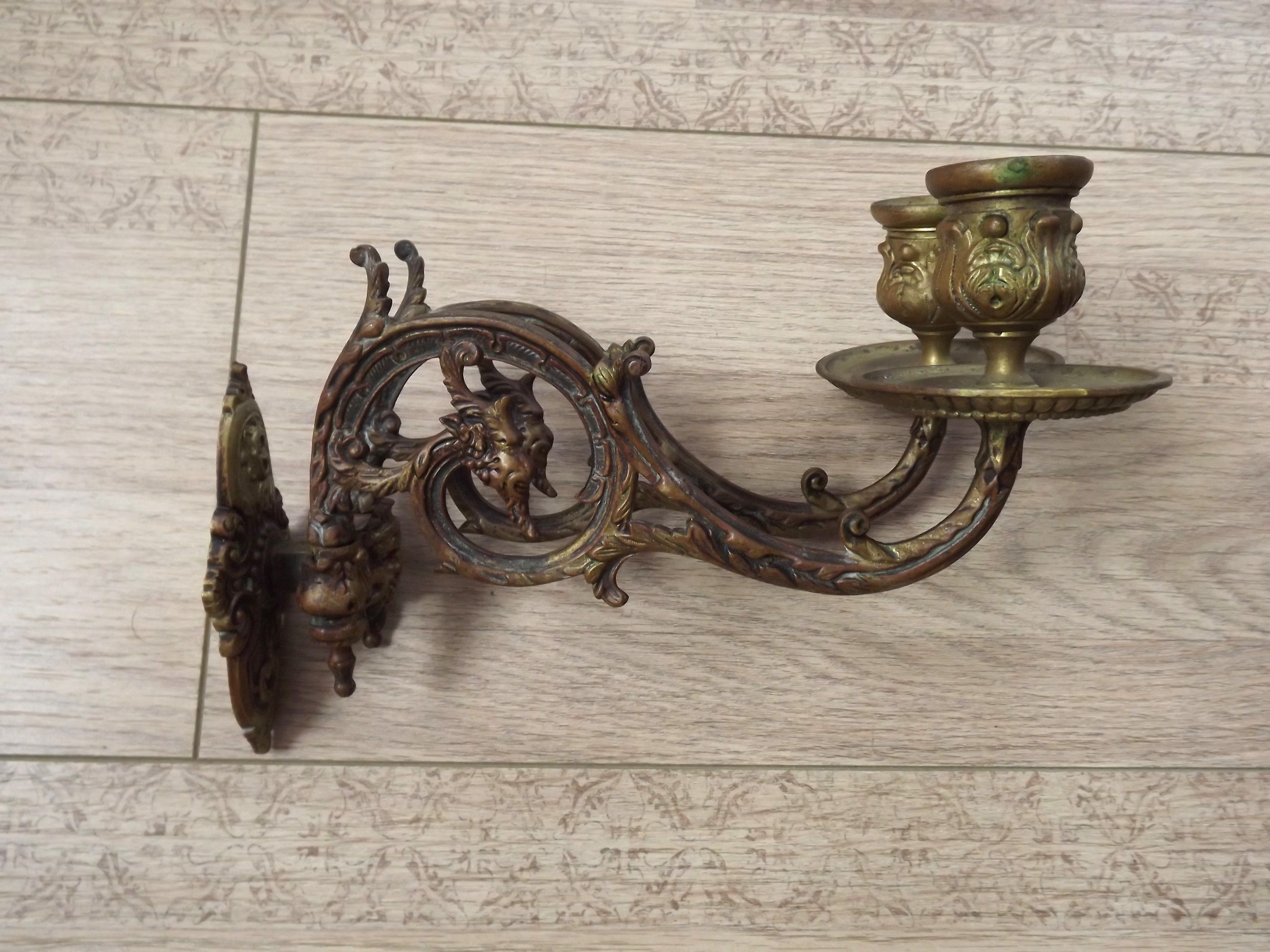 Antique French Gothic Dragon Bronze Double Piano Sconce Signed L. Pinet
