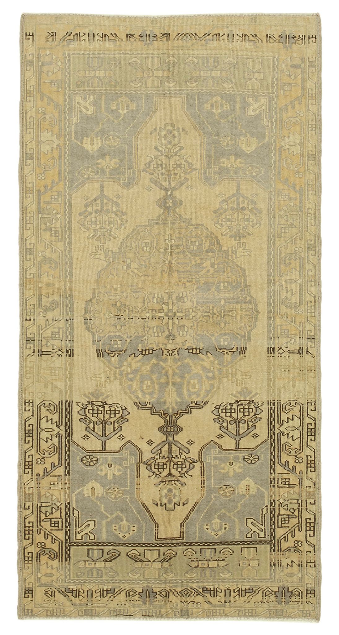 Tapis décoratif beige turc noué à la main 105 cm x 210 cm 1950s