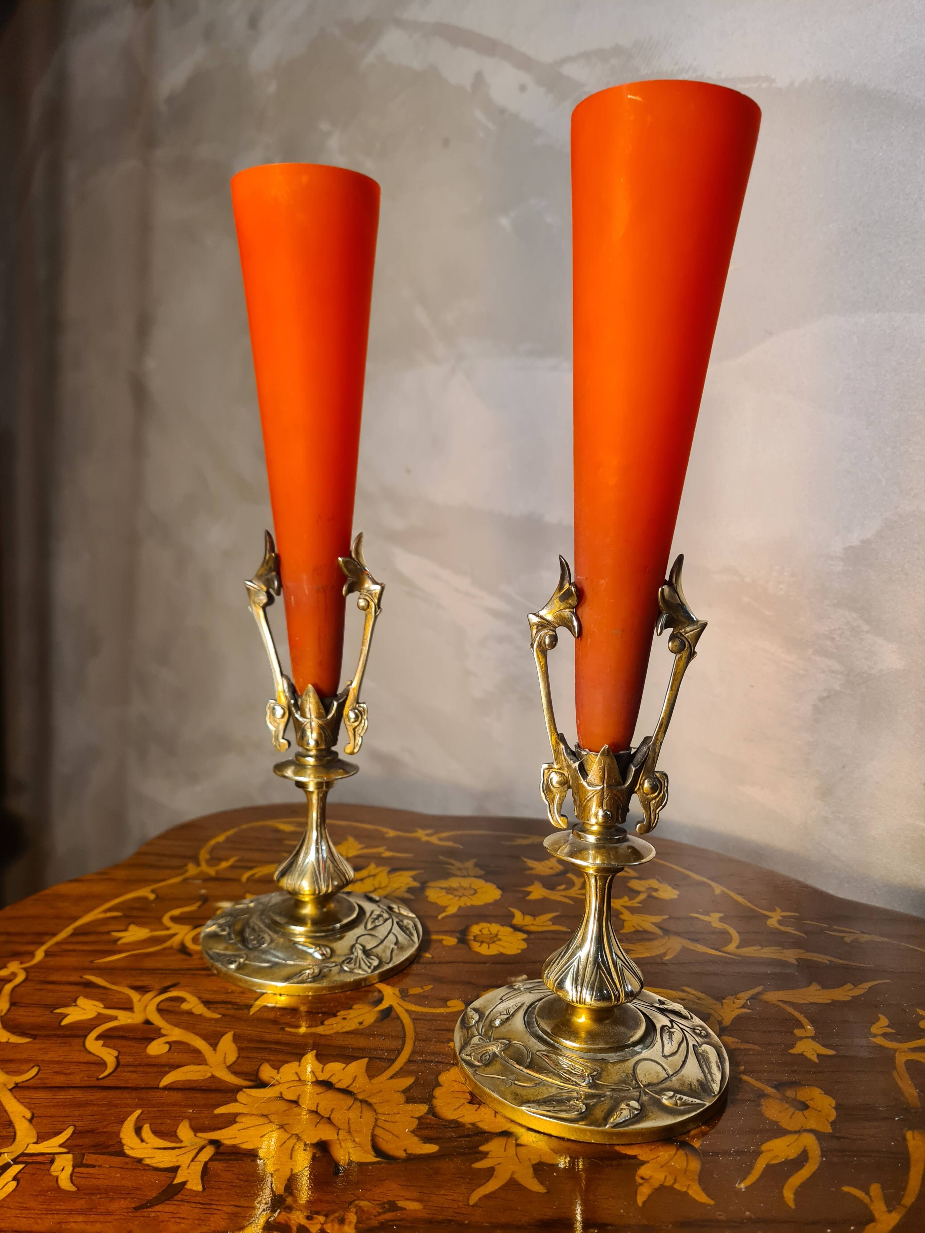 pair of bronze and glass paste Art Nouveau vases, bouquet holder, soliflore cone