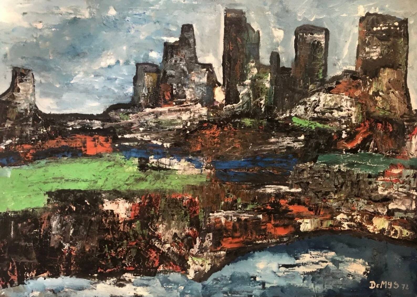 1970s Signed French Abstract Cityscape Oil on Canvas – Demys