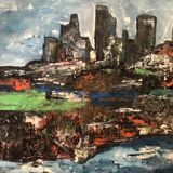 1970s Signed French Abstract Cityscape Oil on Canvas – Demys