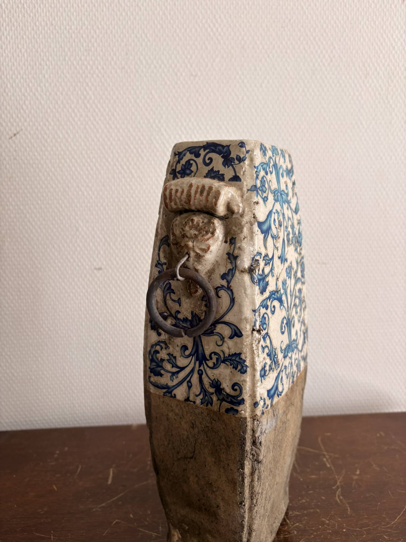 Terracotta Vase with Stanniferous Glaze, Large Fire Decoration, Lion Handle, Late 19th Century