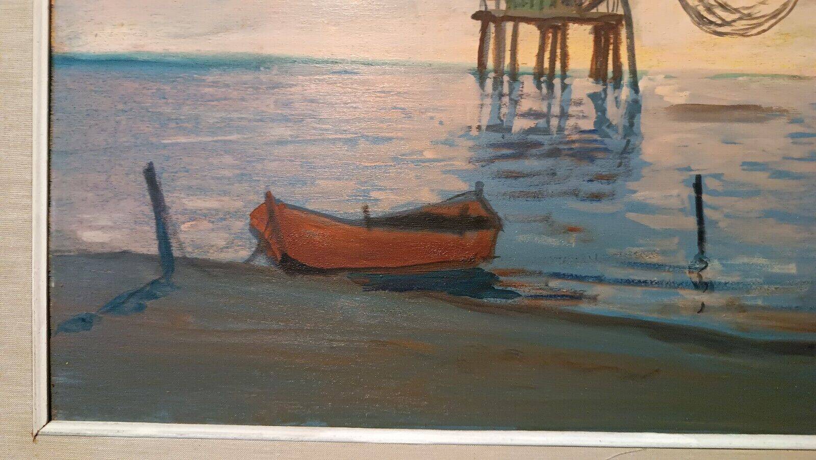 Oil painting on faesite 70s mouth of the Arno Pisa