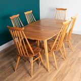 Retro Blonde Elm Model 444 Grand Plank Dining Table & 8 Goldsmith Dining Chairs