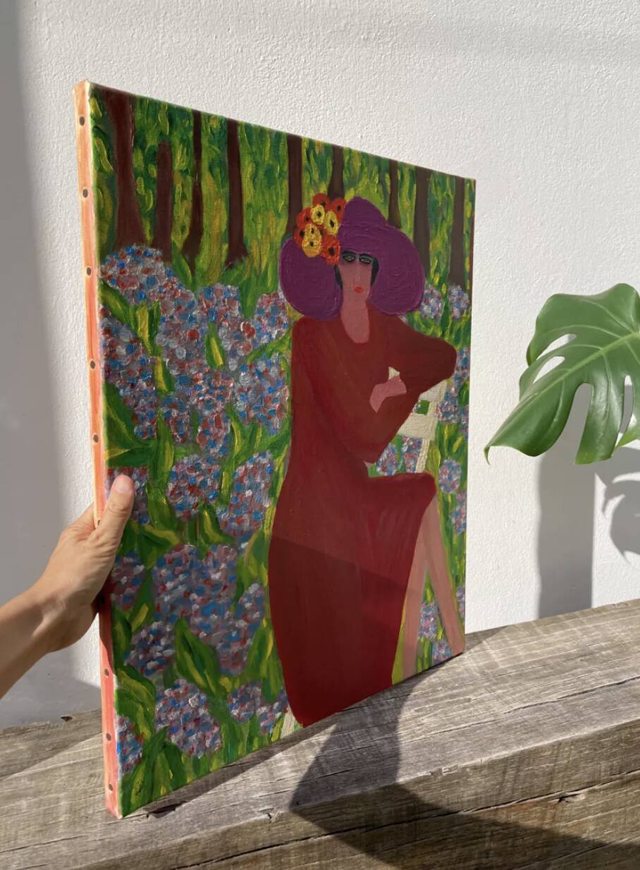 Portrait de femme huile sur toile fleurs