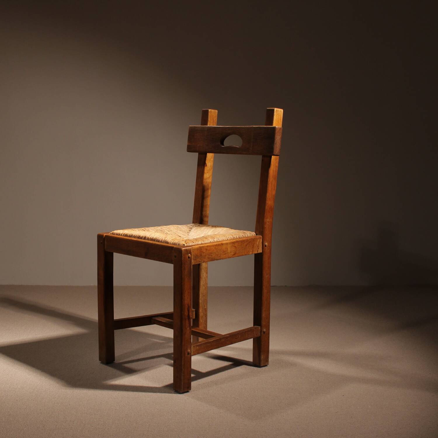 Brutalist Pair of Oak & Rush Chairs | Europe 1960s