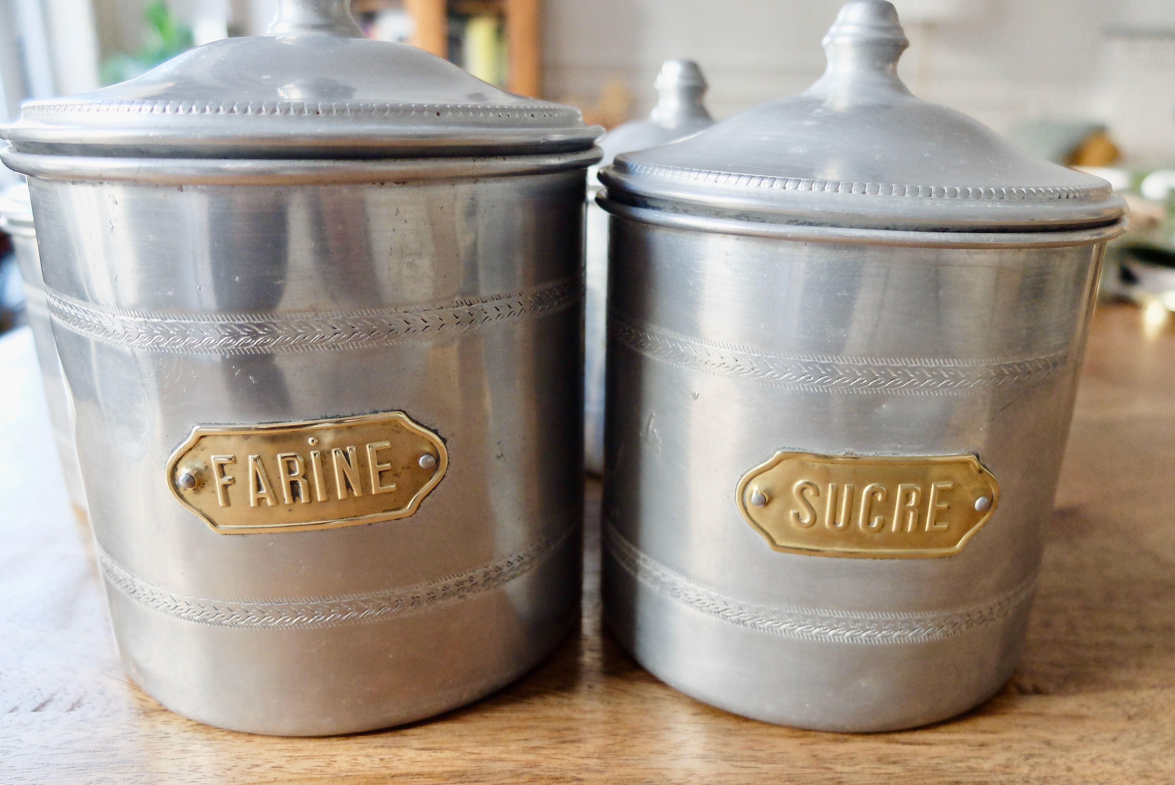 Series of 5 tin spice pots