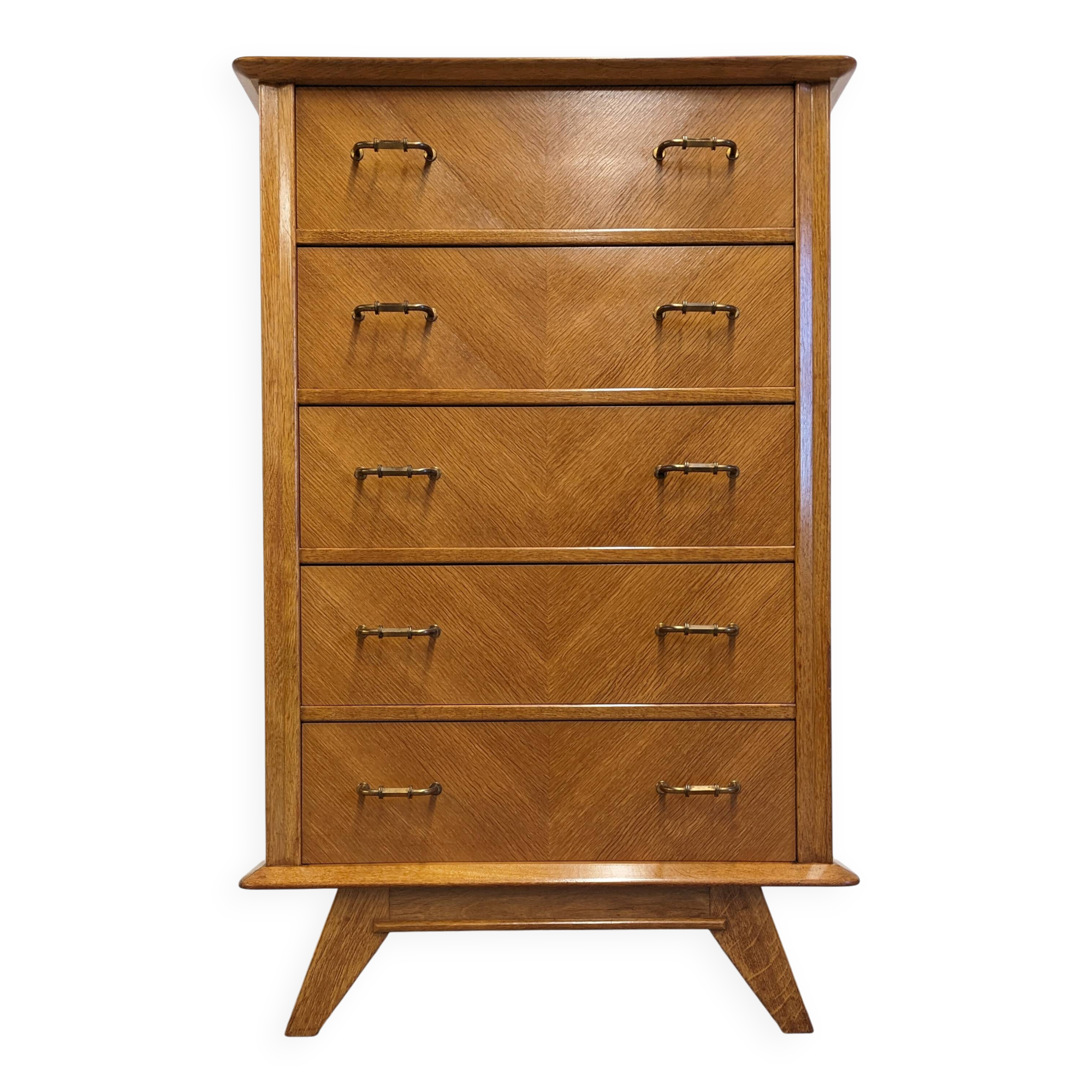 Commode, chiffonnier 5 tiroirs en chêne blond, France vers 1950
