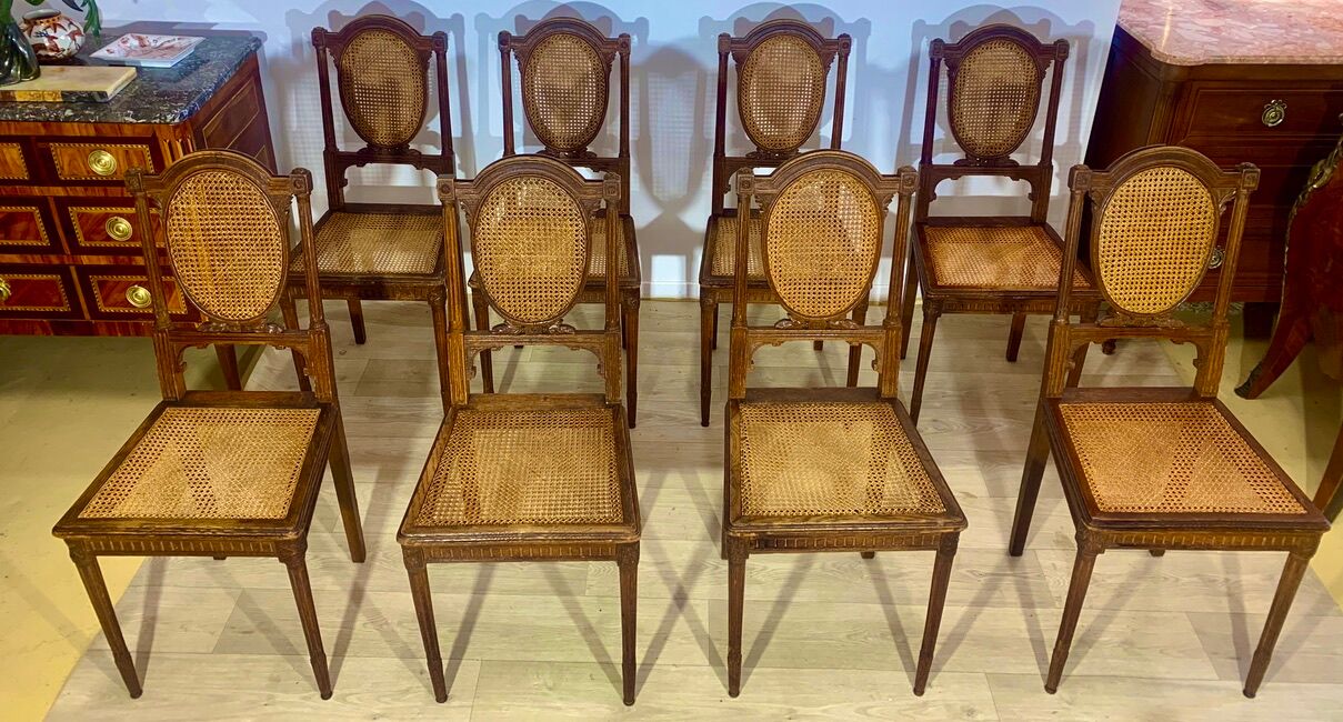 Canned chairs X 8, Louis XVI style, early XX, stamped Flandrin Paris