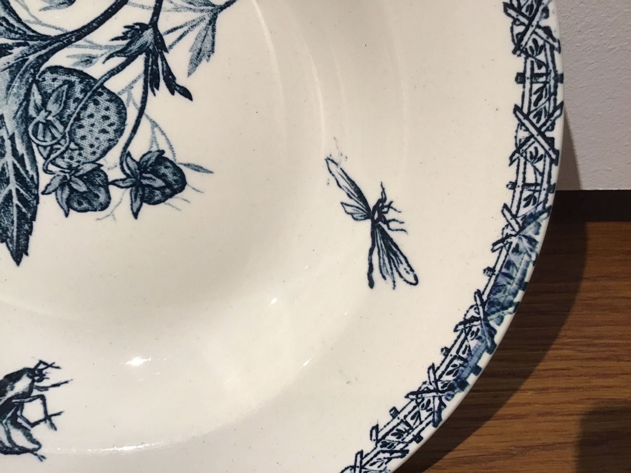 Hollow plate, insect and strawberry décor, Manufacture Choisy the King, Iron Land, H Boulenger - Co.