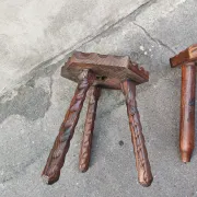 Pair of tripod stools in brutalist style made of pine, Catalonia 1960.
