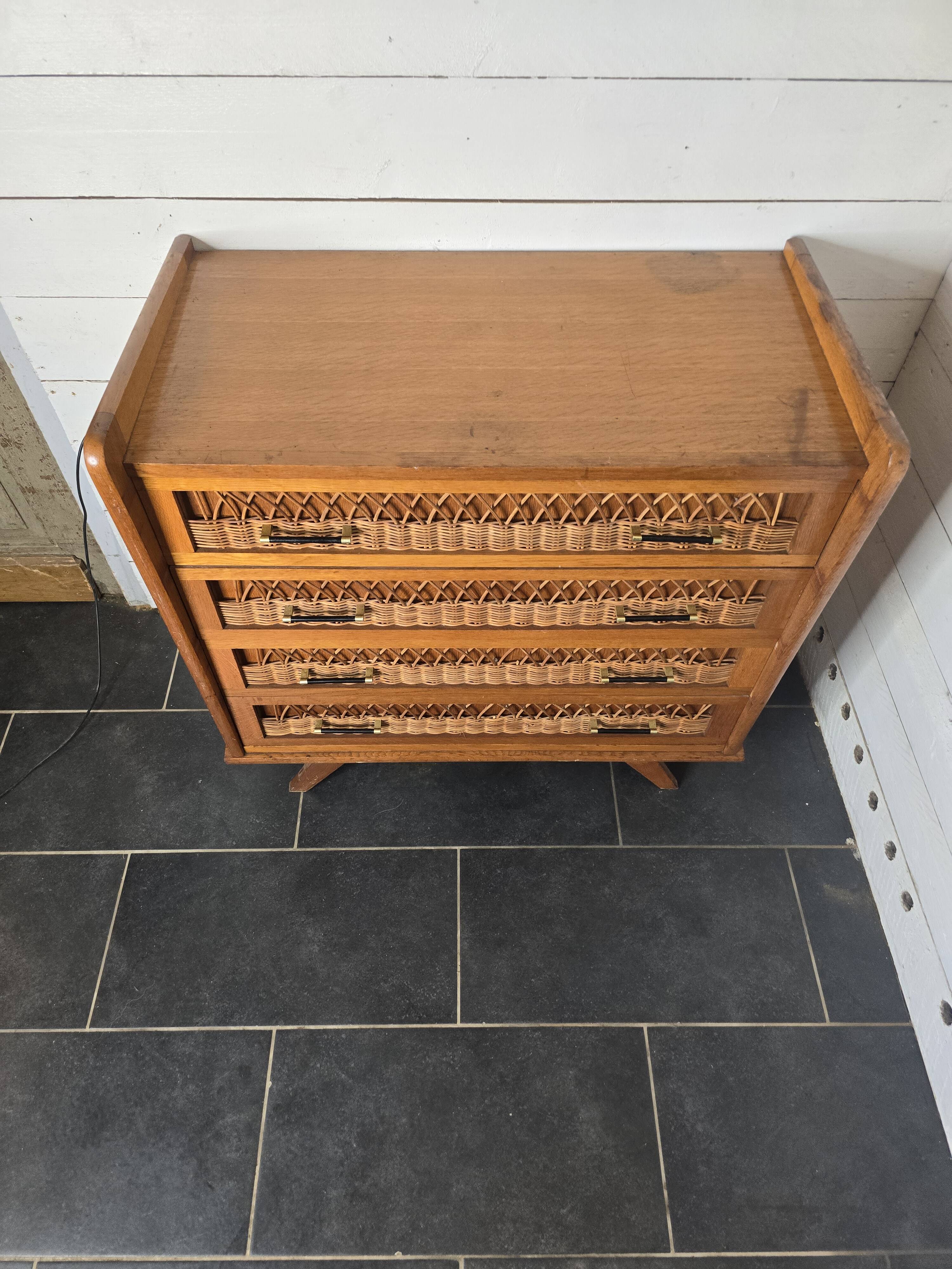 Commode en rotin et bois, années 60