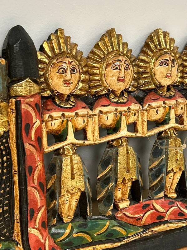 Balinese wall panel carved wood gilded polychrome dragon procession