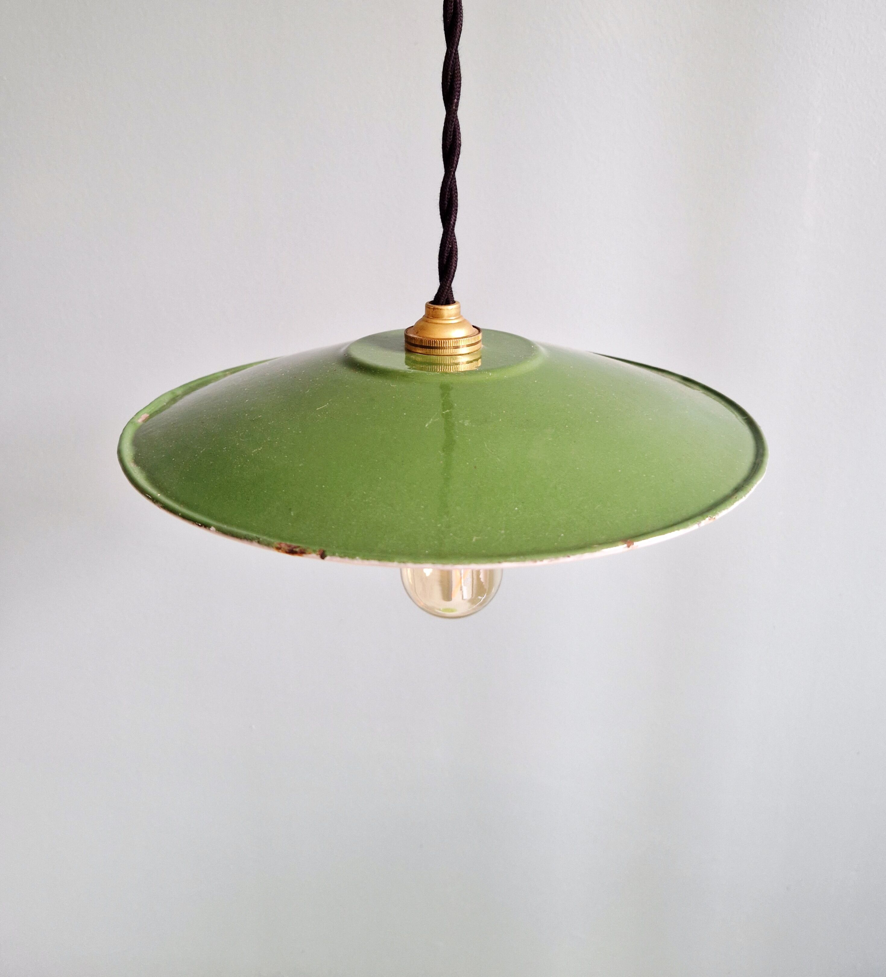 Trio of large industrial suspensions in green enamelled sheet metal.