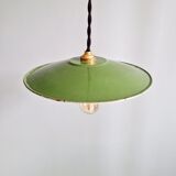 Trio of large industrial suspensions in green enamelled sheet metal.