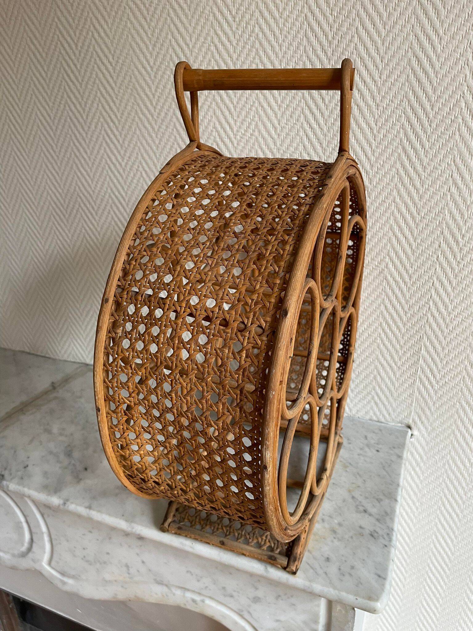 Rattan bottle holder, wood, vintage canework
