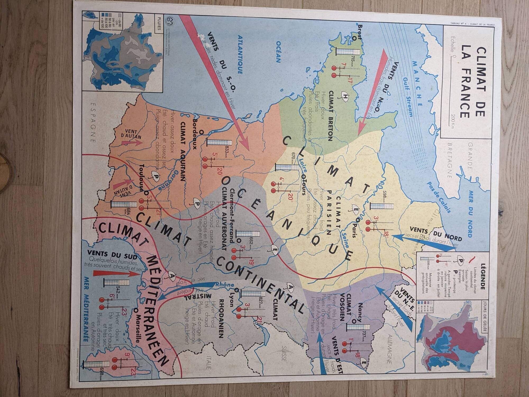Old map of france school poster vintage climates atlantic coast 60s