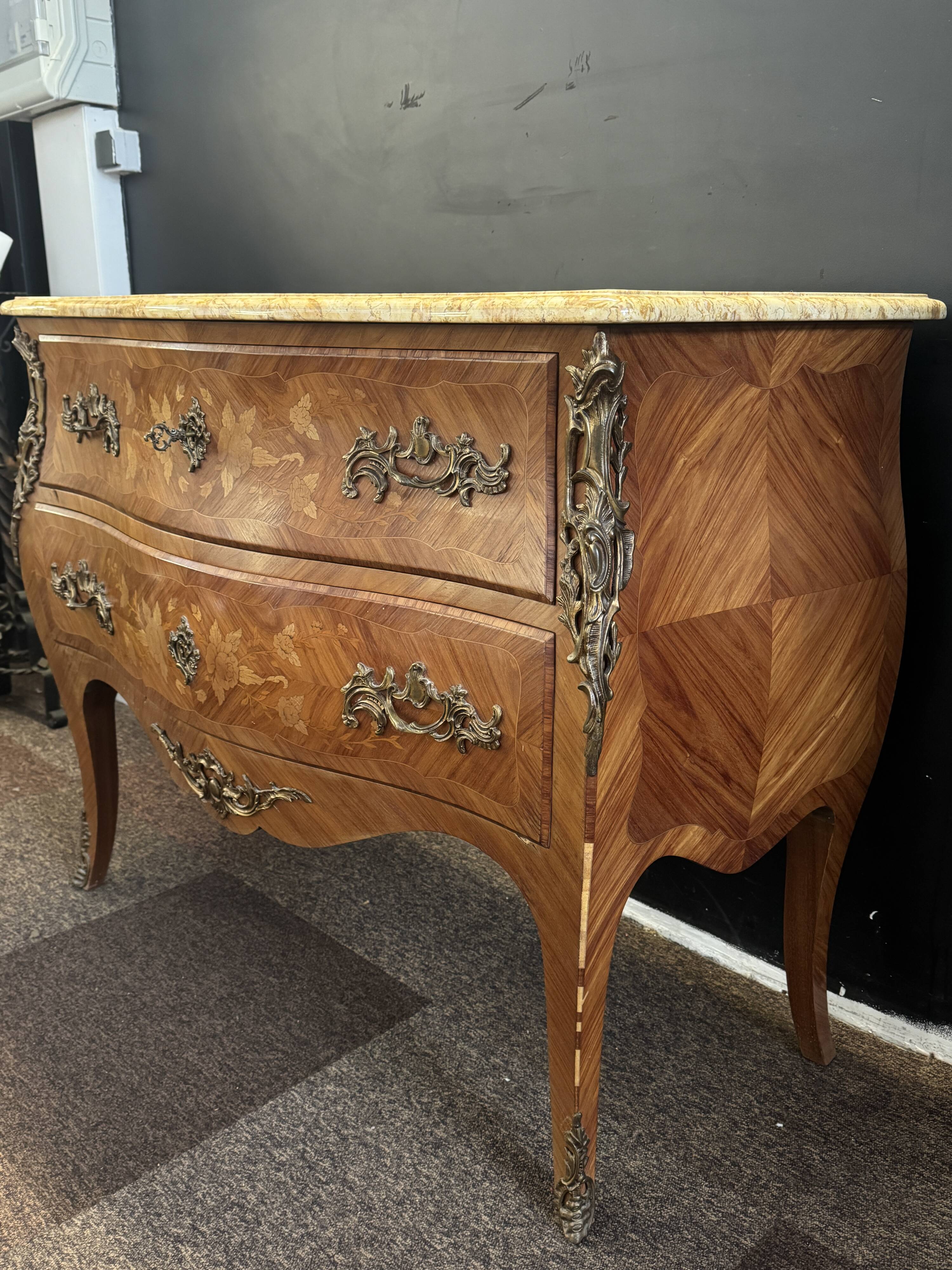 Curved marquetry commode – marble top