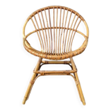 Fauteuil coquille en rotin vintage années  70 fabrication artisanale bohème