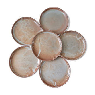 Lot de 6 assiettes plates en grès vernissé vintage années 70