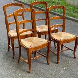 4 Louis XV chairs in solid oak and straw with shell sculptures