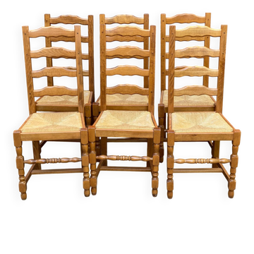 6 Rustic Oak and Straw Chairs — 1970s Country Style