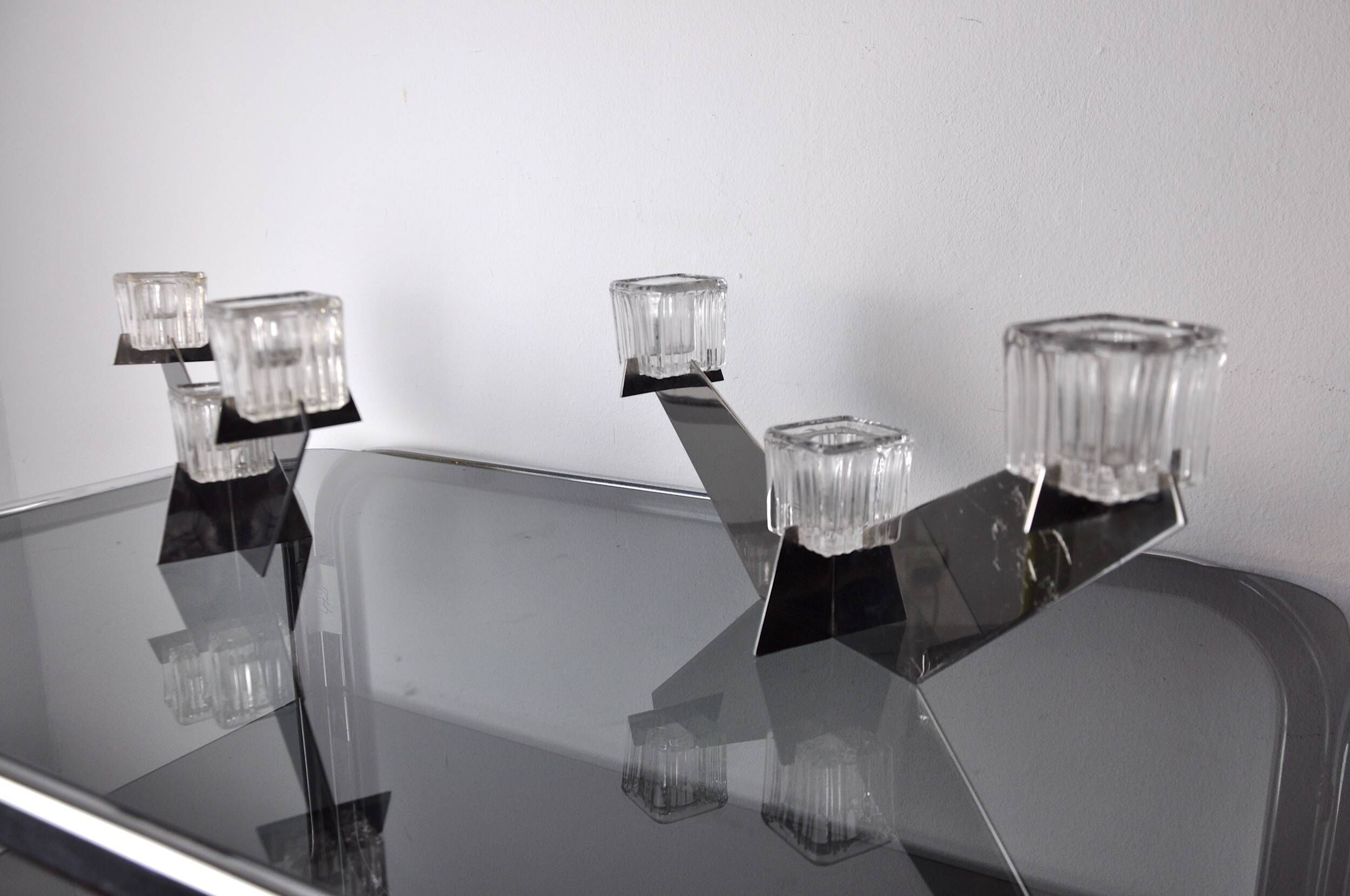 Pair of Peill & Putzler candlesticks, glass and metal, Germany, 1970