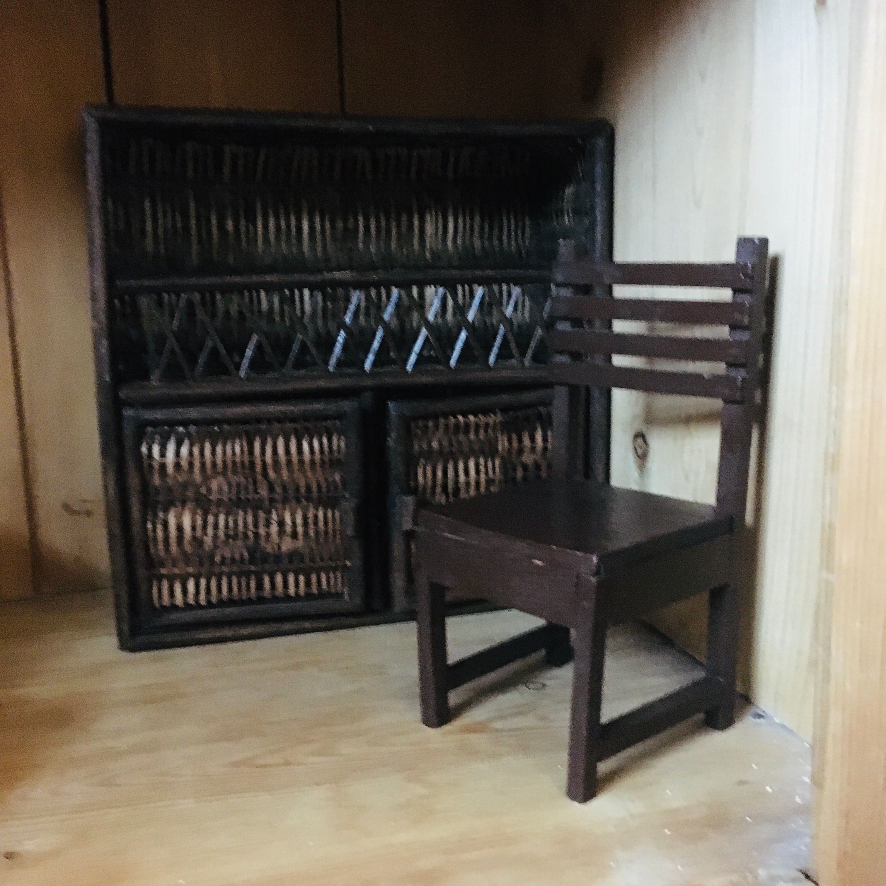 Doll cabinet in rattan and wood