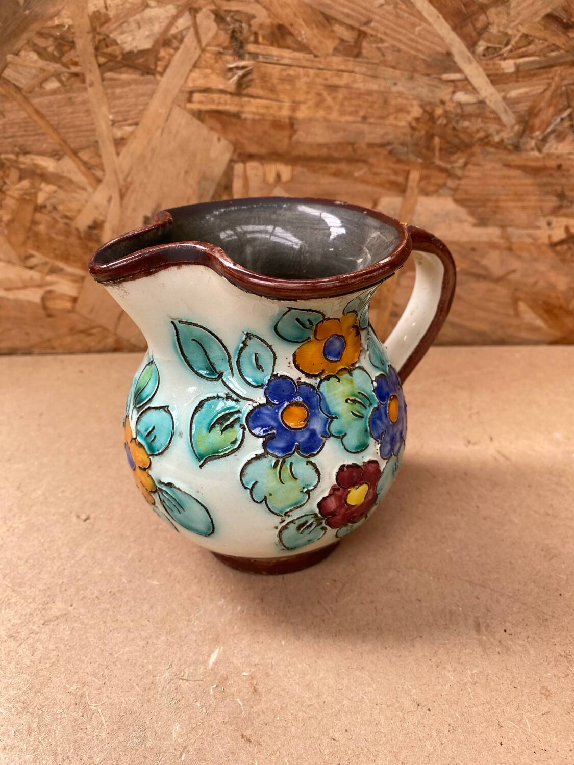 Antique cerart monaco ceramic pitcher chiseled flower decor 70's vintage